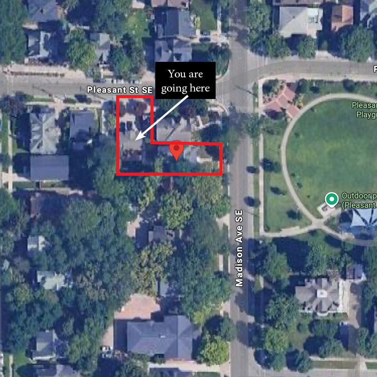 Bodiodi map — 611 Madison Ave SE (garage entrance off Pleasant St SE)